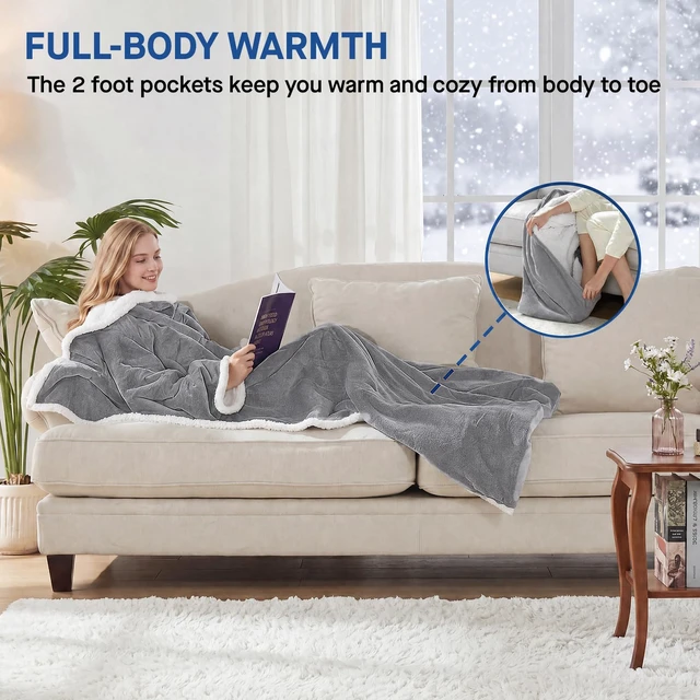 Alt view image 3 of 7 - Wearable Electric Blanket with Foot Pocket, 50"x70"+18", Light Grey | Heated Snuggle Blanket with Sleeves, Reversible Flannel to Sherpa, 6 Heating Settings, 2-10 Hours Auto Shut Off During Winter