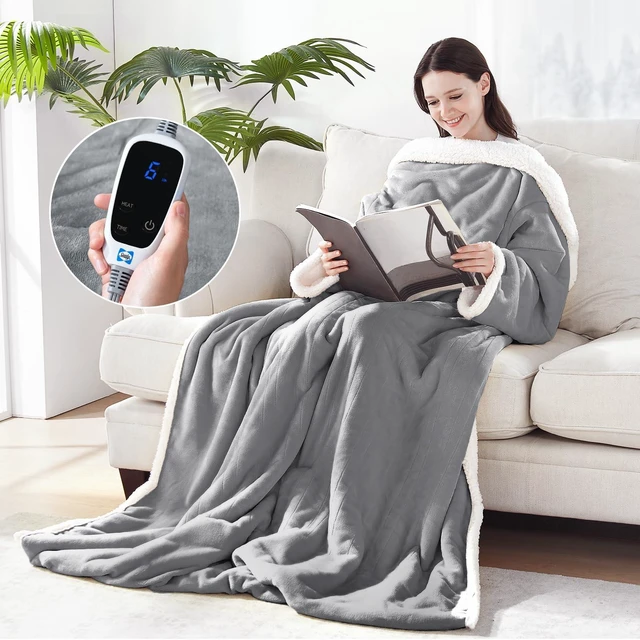 Main image of Wearable Electric Blanket with Foot Pocket, 50"x70"+18", Light Grey | Heated Snuggle Blanket with Sleeves, Reversible Flannel to Sherpa, 6 Heating Settings, 2-10 Hours Auto Shut Off During Winter