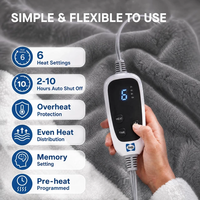 Alt view image 4 of 7 - Wearable Electric Blanket with Foot Pocket, 50"x70"+18", Light Grey | Heated Snuggle Blanket with Sleeves, Reversible Flannel to Sherpa, 6 Heating Settings, 2-10 Hours Auto Shut Off During Winter