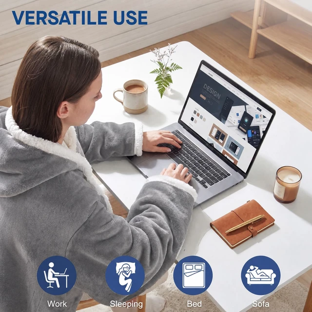 Alt view image 7 of 7 - Wearable Electric Blanket with Foot Pocket, 50"x70"+18", Light Grey | Heated Snuggle Blanket with Sleeves, Reversible Flannel to Sherpa, 6 Heating Settings, 2-10 Hours Auto Shut Off During Winter