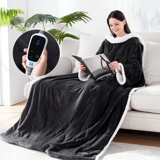 Main image of Wearable Electric Blanket with Foot Pocket, 50"x70"+18", Dark Grey | Heated Snuggle Blanket with Sleeves, Reversible Flannel to Sherpa, 6 Heating Settings, 2-10 Hours Auto Shut Off During Winter