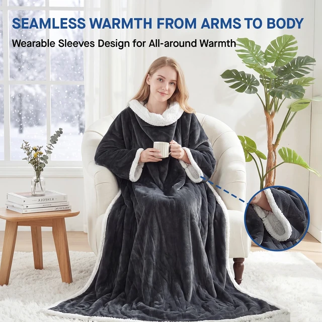 Alt view image 2 of 7 - Wearable Electric Blanket with Foot Pocket, 50"x70"+18", Dark Grey | Heated Snuggle Blanket with Sleeves, Reversible Flannel to Sherpa, 6 Heating Settings, 2-10 Hours Auto Shut Off During Winter