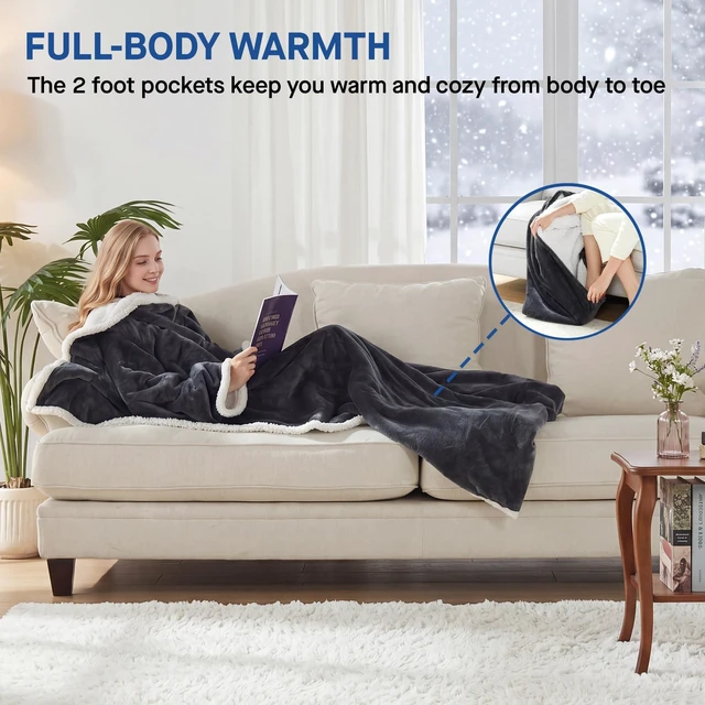 Alt view image 3 of 7 - Wearable Electric Blanket with Foot Pocket, 50"x70"+18", Dark Grey | Heated Snuggle Blanket with Sleeves, Reversible Flannel to Sherpa, 6 Heating Settings, 2-10 Hours Auto Shut Off During Winter