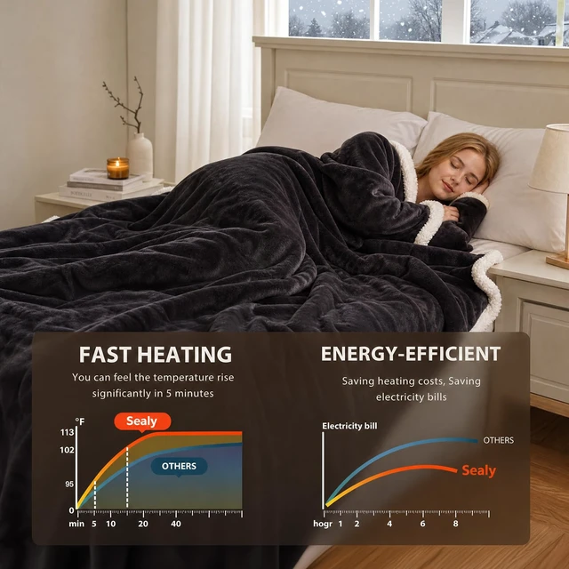 Alt view image 5 of 7 - Wearable Electric Blanket with Foot Pocket, 50"x70"+18", Dark Grey | Heated Snuggle Blanket with Sleeves, Reversible Flannel to Sherpa, 6 Heating Settings, 2-10 Hours Auto Shut Off During Winter