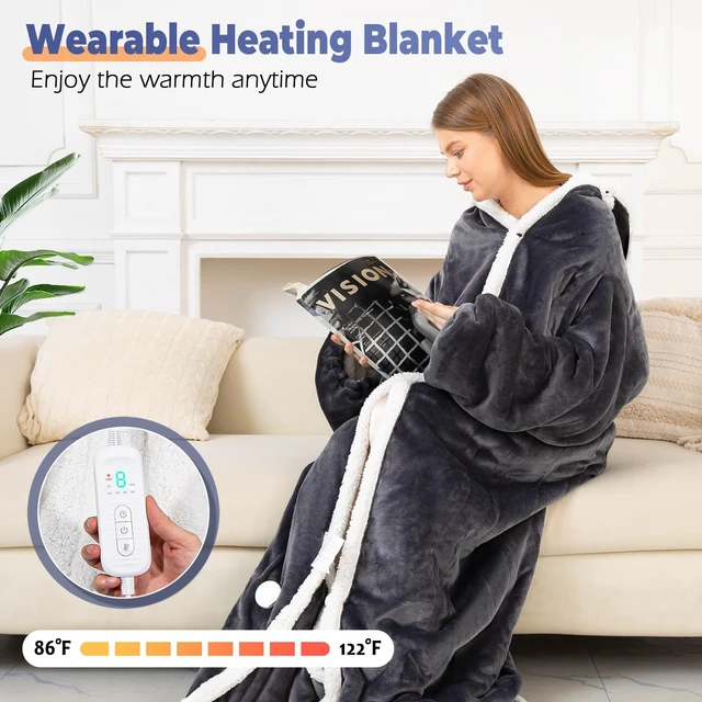 Alt view image 2 of 7 - Wearable Heated Blanket with Foot Pocket, Electric Wearable Throw Blanket with Sleeves, Hood, Portable Heated Blanket with 8 Heat Settings, 1-10 Hours Auto Shut-off, Gift for Family, Friends, 50*70"