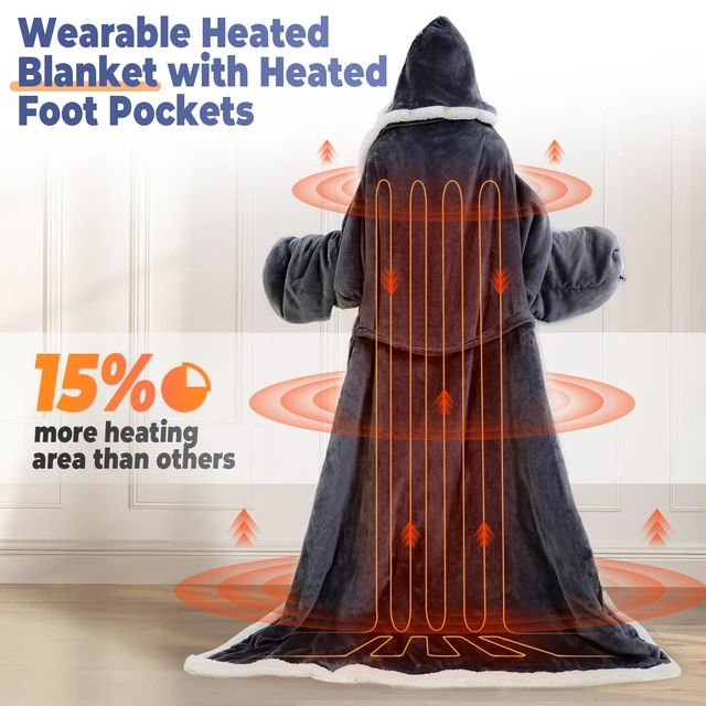 Alt view image 5 of 7 - Wearable Heated Blanket with Foot Pocket, Electric Wearable Throw Blanket with Sleeves, Hood, Portable Heated Blanket with 8 Heat Settings, 1-10 Hours Auto Shut-off, Gift for Family, Friends, 50*70"