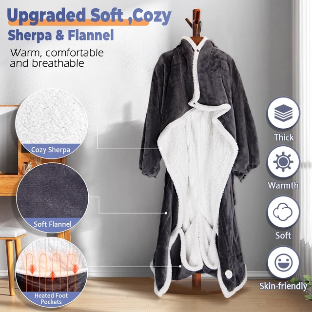 Alt view image 6 of 7 - Wearable Heated Blanket with Foot Pocket, Electric Wearable Throw Blanket with Sleeves, Hood, Portable Heated Blanket with 8 Heat Settings, 1-10 Hours Auto Shut-off, Gift for Family, Friends, 50*70"