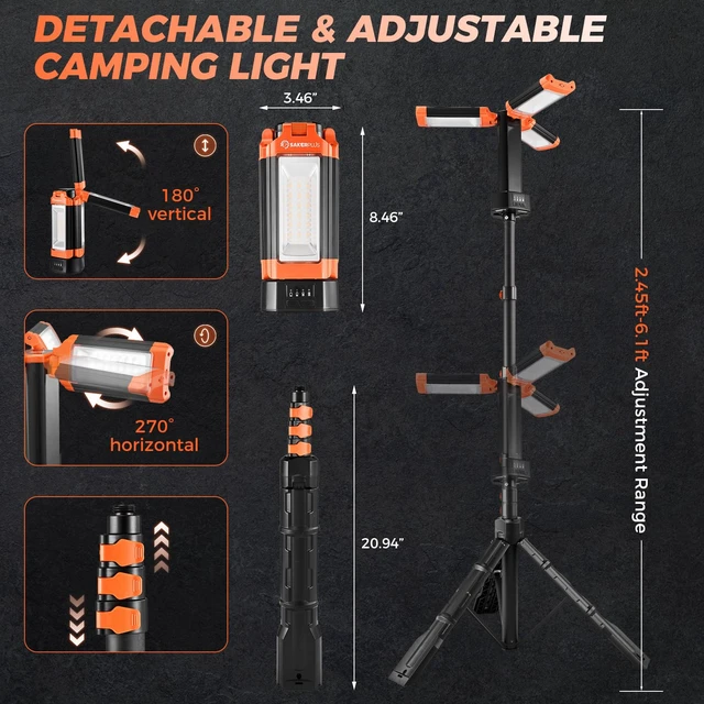 Alt view image 3 of 7 - Camping Light with Stand, 6.1FT Rechargeable LED Work Light | 20000mAh, 800-3200LM, Detachable Tripod & 3300-6500K Dimmable Light for Camping, Outdoor Work & Emergency
