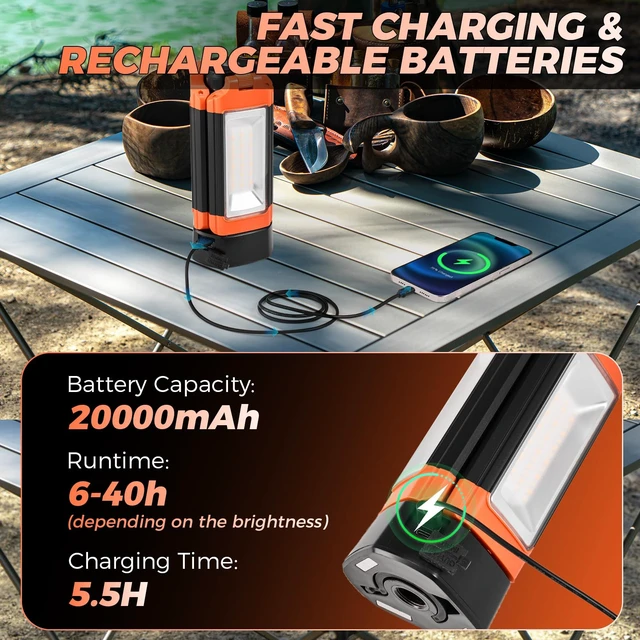 Alt view image 6 of 7 - Camping Light with Stand, 6.1FT Rechargeable LED Work Light | 20000mAh, 800-3200LM, Detachable Tripod & 3300-6500K Dimmable Light for Camping, Outdoor Work & Emergency