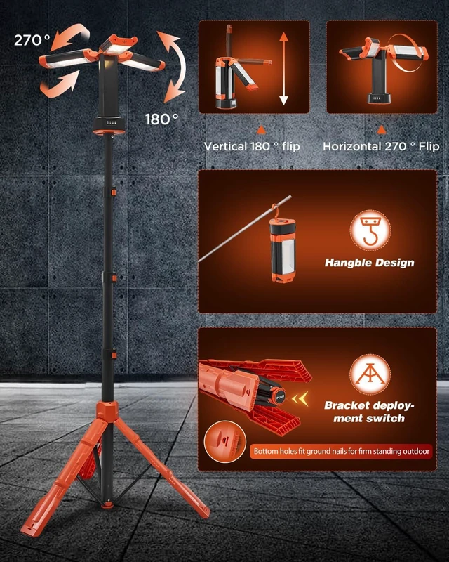 Alt view image 5 of 7 - Portable Camping Light with Stand Work Light 12000mAh with Remote | 3200 Lumen,with Bag, Adjustable Height 73.2",Rechargeable,4 Lighting Modes
