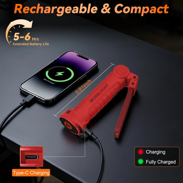 Alt view image 3 of 7 - 12Pack Magnetic Rechargeable LED Work Light/Flashlight for Mechanic | 360° Rotation, Super Bright, 5 Modes, Compact, Tail Hook, for Car Repairing, Garage, Emergency, Workshop, Gifts for Father