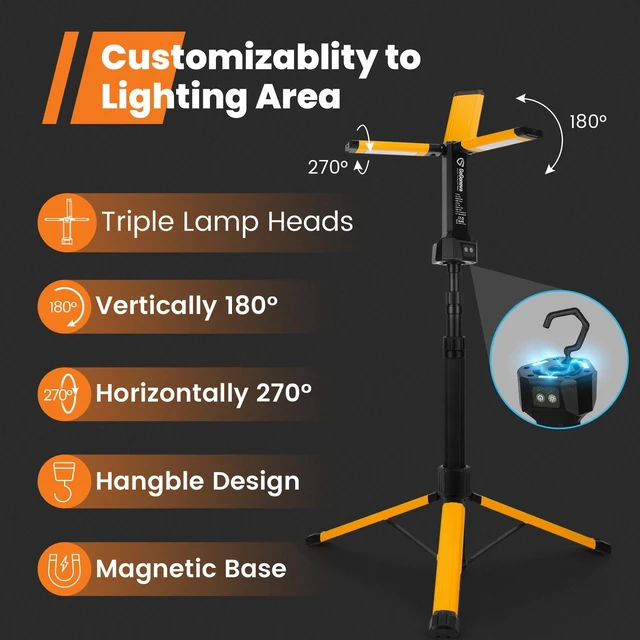Alt view image 2 of 7 - Rechargeable Work Light with Stand, Cordless Work Light with Triple LED Lamps, 8AH Battery, 700/1200/2200 Lumen, 4000/6500K Dimmable Camping Light with Detachable TripodYellow