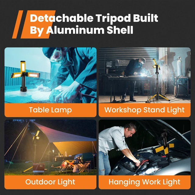 Alt view image 5 of 7 - Rechargeable Work Light with Stand, Cordless Work Light with Triple LED Lamps, 8AH Battery, 700/1200/2200 Lumen, 4000/6500K Dimmable Camping Light with Detachable TripodYellow