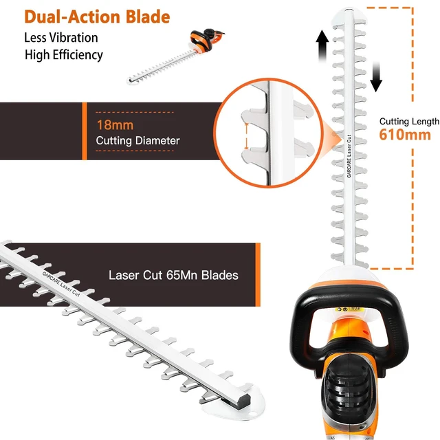Alt view image 3 of 7 - Corded Electric Hedge Trimmer 4.8A Hedge Shears 610mm Laser Blade | Electric Tree Trimmers, Branch Cutter, 18mm Cutting Capacity, Rotary Handle, Blade Cover Included, For Bushes & Shrubs
