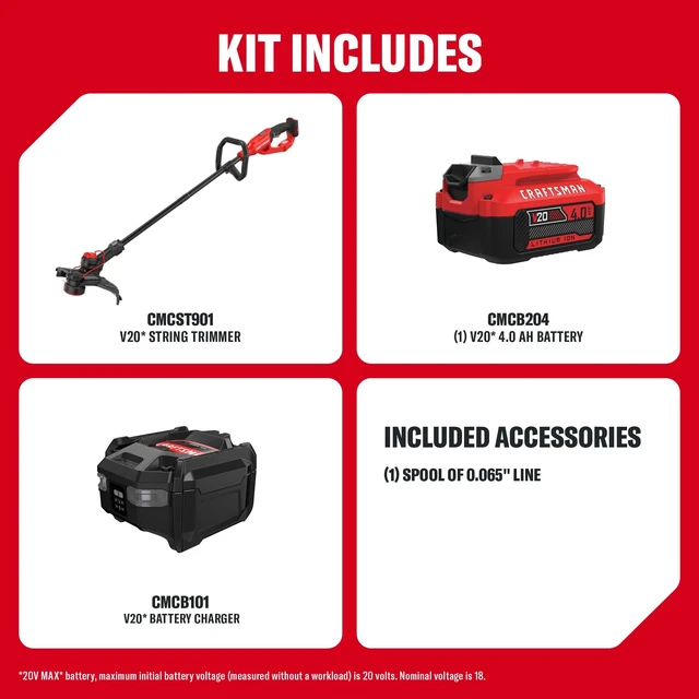 Alt view image 2 of 7 - V20 String Trimmer and Lawn Edger Kit with 4Ah Battery and Charger, 13 in. Cordless Weed Wacker with Up to 63 Minutes Runtime, Lightweight (CMCST901M1)