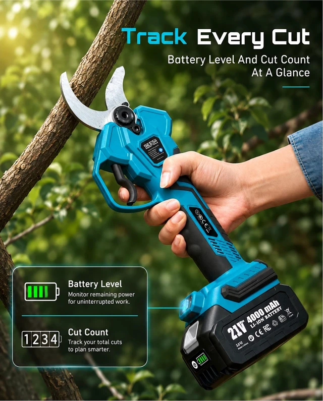 Alt view image 6 of 7 - Electric Pruning Shears, 1.6" Cut Cordless Pruner, 2x4.0Ah Batteries | Brushless Motor, SK5 Blade, LCD Display, 4 Modes, 2500+ Cuts, Auto Sleep, Lightweight Branch Cutter for Garden Tree Trimming