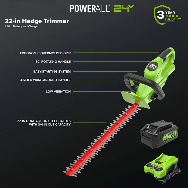 Alt view image 2 of 7 - 24V 22" Cordless Laser Cut Hedge Trimmer, 4.0Ah USB Battery and Charger Included