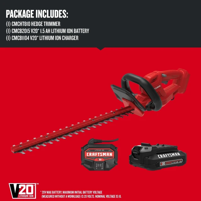 Alt view image 2 of 7 - V20 Cordless Hedge Trimmer with Battery and Charger Included, 20 in. Blade, Rechargeable Bush Trimmer Cordless, Lightweight (CMCHT810C1)