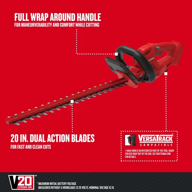 Alt view image 3 of 7 - V20 Cordless Hedge Trimmer with Battery and Charger Included, 20 in. Blade, Rechargeable Bush Trimmer Cordless, Lightweight (CMCHT810C1)