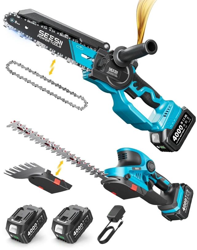 Main image of 3 in 1 Cordless Mini Chainsaw & Hedge Trimmer, Grass Shear Combo | 8 Inch Electric Chain saw Brushless,2x 4000mAh Batteries,Handheld Trimmer, Ergonomic Yard Garden Tool Set for Trimming