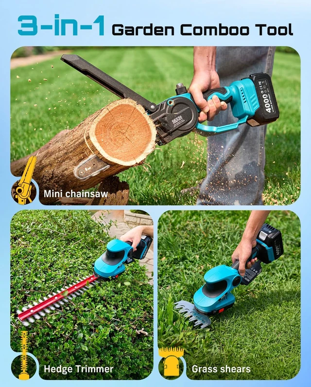 Alt view image 2 of 7 - 3 in 1 Cordless Mini Chainsaw & Hedge Trimmer, Grass Shear Combo | 8 Inch Electric Chain saw Brushless,2x 4000mAh Batteries,Handheld Trimmer, Ergonomic Yard Garden Tool Set for Trimming