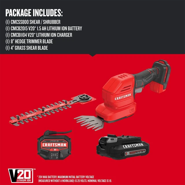 Alt view image 2 of 7 - V20 4 In. Cordless Handheld Grass Trimmer and 8 In. Mini Hedge Trimmer, Battery and Charger Included, Rechargeable 2 in 1 Grass Shear and Bush Trimmer (CMCSS800C1)