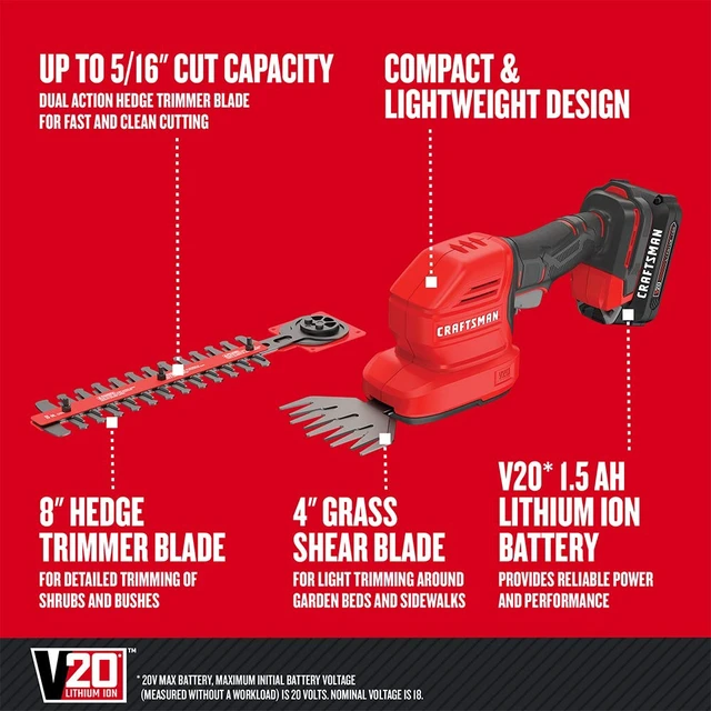 Alt view image 3 of 7 - V20 4 In. Cordless Handheld Grass Trimmer and 8 In. Mini Hedge Trimmer, Battery and Charger Included, Rechargeable 2 in 1 Grass Shear and Bush Trimmer (CMCSS800C1)