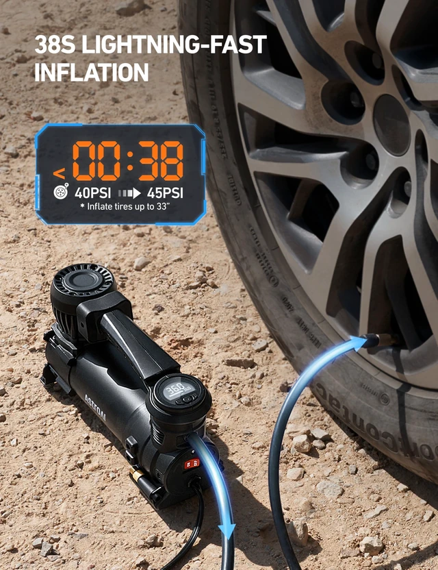 Alt view image 3 of 7 - T4 Heavy Duty Truck Tire Inflator, 120PSI Air Compressor | 12V Air Compressor with Digital Gauge, Auto Shutoff, LED Light and Alligator Clips for Trucks, Pickups, SUVs and RVs