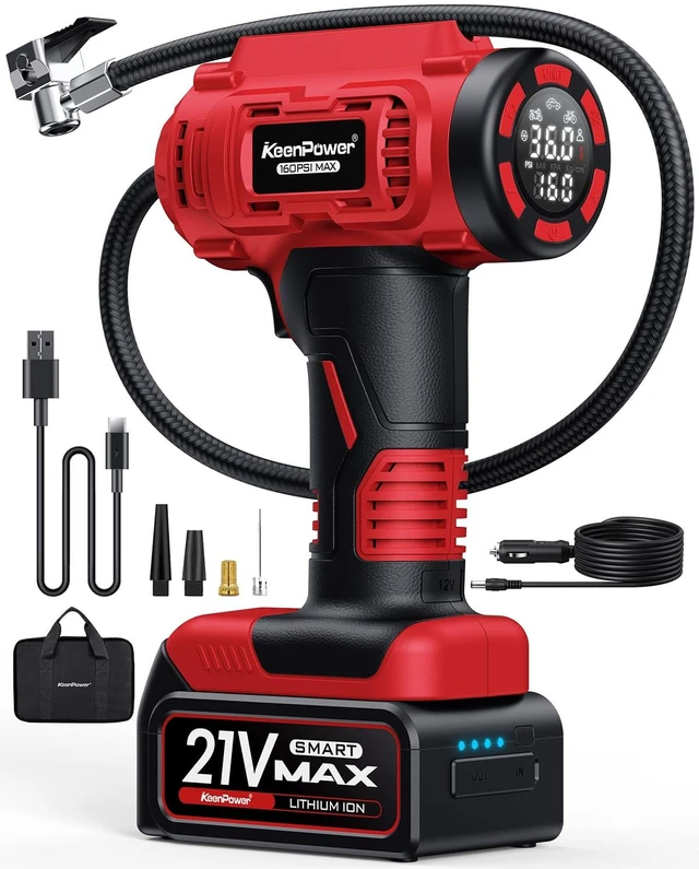 Main image of Cordless Tire Inflator Portable Air Compressor, 160PSI Car Tire Air Pump, 21V Rechargeable Battery Powered Air Compressor, Dual Power, Larger HD Digital Gauge w/4+N Smart Modes (Red)