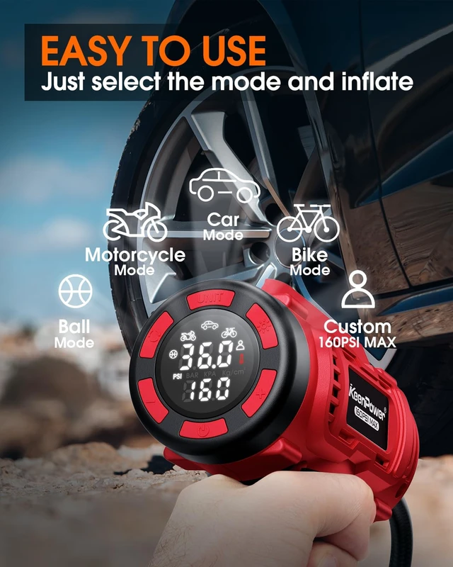 Alt view image 2 of 7 - Cordless Tire Inflator Portable Air Compressor, 160PSI Car Tire Air Pump, 21V Rechargeable Battery Powered Air Compressor, Dual Power, Larger HD Digital Gauge w/4+N Smart Modes (Red)