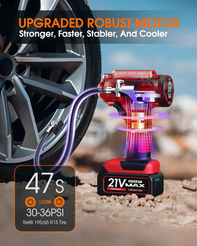 Alt view image 3 of 7 - Cordless Tire Inflator Portable Air Compressor, 160PSI Car Tire Air Pump, 21V Rechargeable Battery Powered Air Compressor, Dual Power, Larger HD Digital Gauge w/4+N Smart Modes (Red)