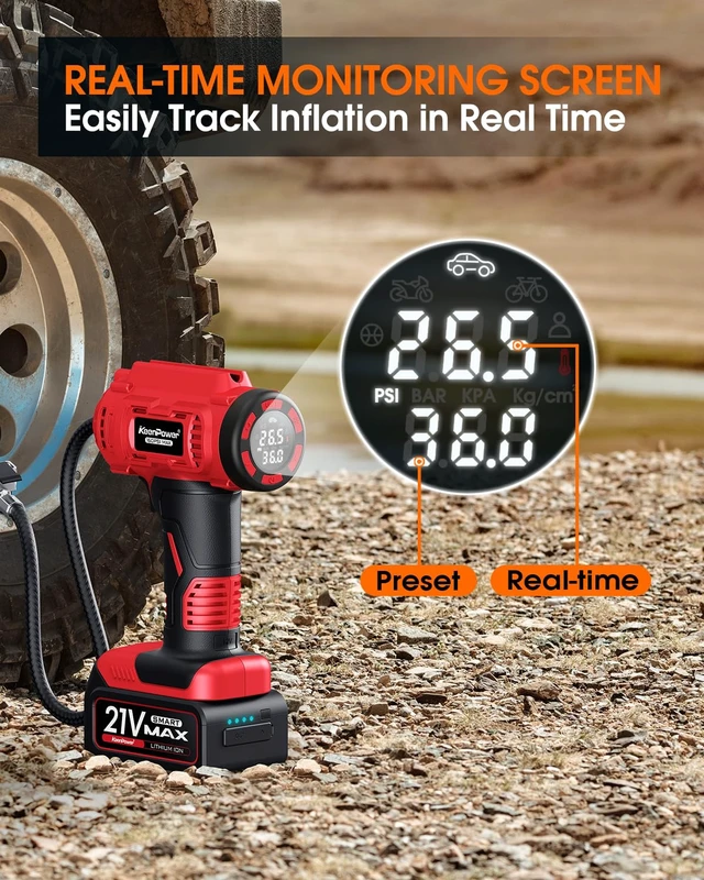 Alt view image 4 of 7 - Cordless Tire Inflator Portable Air Compressor, 160PSI Car Tire Air Pump, 21V Rechargeable Battery Powered Air Compressor, Dual Power, Larger HD Digital Gauge w/4+N Smart Modes (Red)