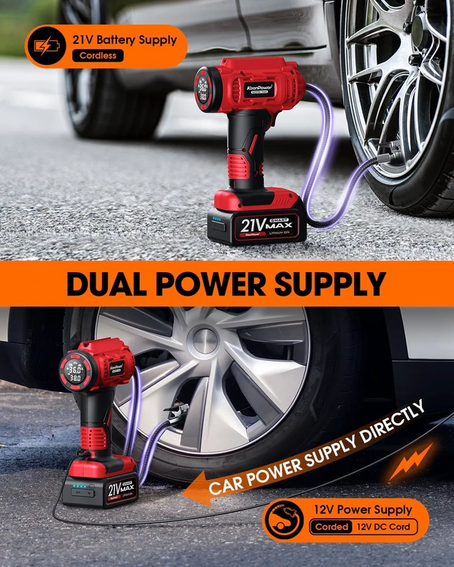Alt view image 5 of 7 - Cordless Tire Inflator Portable Air Compressor, 160PSI Car Tire Air Pump, 21V Rechargeable Battery Powered Air Compressor, Dual Power, Larger HD Digital Gauge w/4+N Smart Modes (Red)