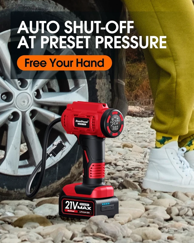 Alt view image 6 of 7 - Cordless Tire Inflator Portable Air Compressor, 160PSI Car Tire Air Pump, 21V Rechargeable Battery Powered Air Compressor, Dual Power, Larger HD Digital Gauge w/4+N Smart Modes (Red)