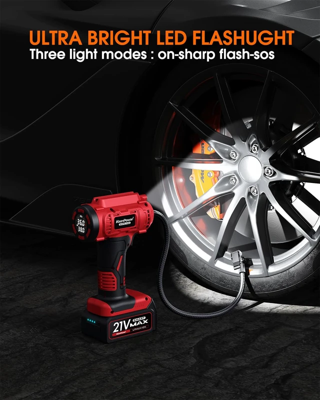 Alt view image 7 of 7 - Cordless Tire Inflator Portable Air Compressor, 160PSI Car Tire Air Pump, 21V Rechargeable Battery Powered Air Compressor, Dual Power, Larger HD Digital Gauge w/4+N Smart Modes (Red)