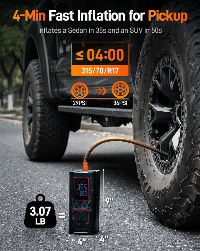 Alt view image 2 of 7 - 150PSI Heavy Duty Tire Inflator Portable Air Compressor,Double- cylinder 45LPM Fast Air Pump for Car Tires,3.5'' LED Display,20'' Hose,Air Compressor for Car,Pickup Truck,Bike