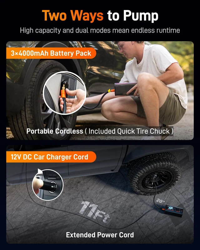 Alt view image 4 of 7 - 150PSI Heavy Duty Tire Inflator Portable Air Compressor,Double- cylinder 45LPM Fast Air Pump for Car Tires,3.5'' LED Display,20'' Hose,Air Compressor for Car,Pickup Truck,Bike