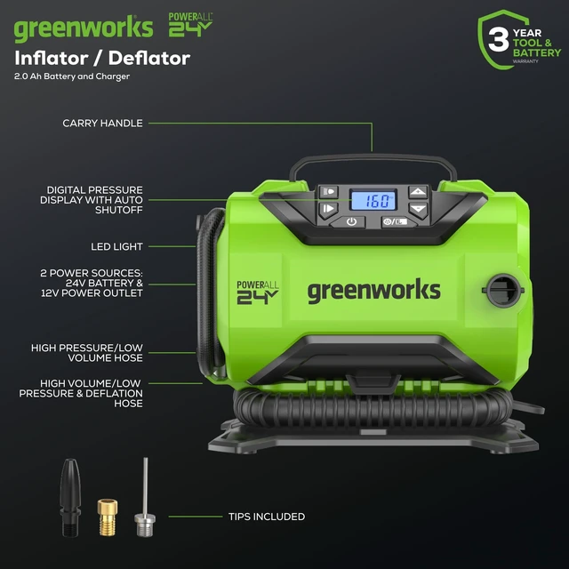 Alt view image 2 of 7 - 24V Cordless Tire Inflator, 160 PSI Portable Air Compressor, 2 Power Sources, Auto Shut Off, for Car, Bicycle, Motorcycle, Air Boat, Inflatables With 2.0 Ah Battery & 2A Charger