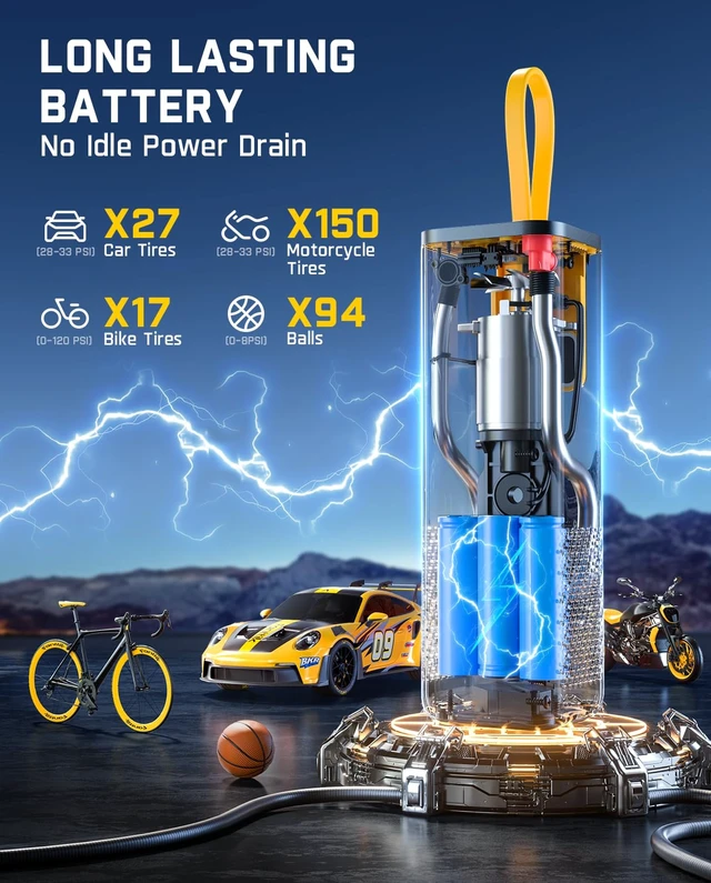 Alt view image 3 of 7 - X9 APEX Portable Air Compressor for Car Tires, 35s Fast Inflation | 150PSI Cordless Tire Inflator with Light and Power Bank, Handed Inflator for SUV, Sedan, Motorcycle, Bike, Ball,Racing Yellow