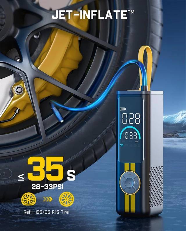 Alt view image 2 of 7 - X9 APEX Portable Air Compressor for Car Tires, 35s Fast Inflation | 150PSI Cordless Tire Inflator with Light and Power Bank, Handed Inflator for SUV, Sedan, Motorcycle, Bike, Ball,Racing Yellow