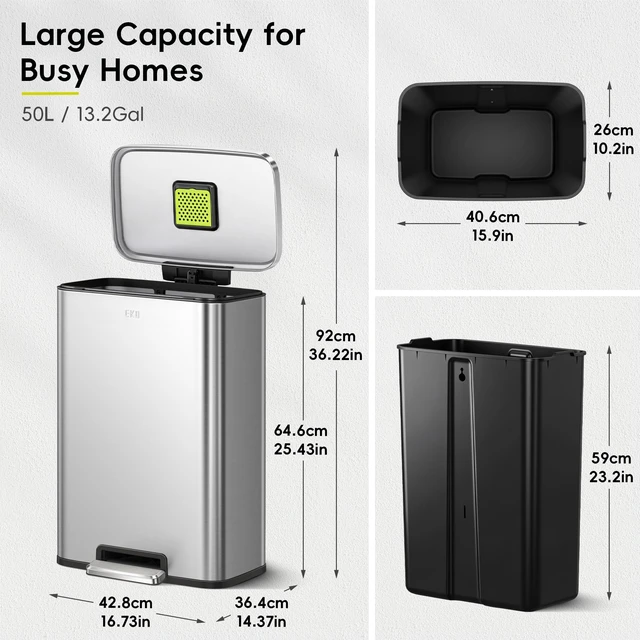 Alt view image 2 of 7 - Madison Brushed Stainless Steel 13.2 Gal/50L Kitchen Step Trash Can or Recycling Bin, Removable Inner Liner, Soft Close Lid, Fingerprint Resistant Finish