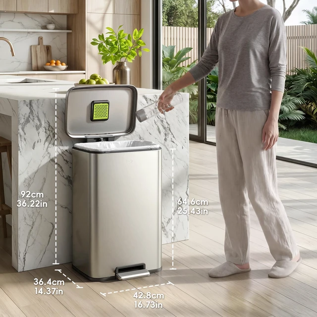 Alt view image 6 of 7 - Madison Brushed Stainless Steel 13.2 Gal/50L Kitchen Step Trash Can or Recycling Bin, Removable Inner Liner, Soft Close Lid, Fingerprint Resistant Finish