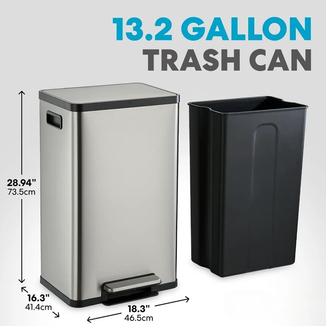 Alt view image 2 of 6 - 50 Liter / 13.2 Gallon Soft-Close, Smudge Resistant Trash Can with Foot Pedal and Built in Filter- Stainless Steel, Sleek Finish