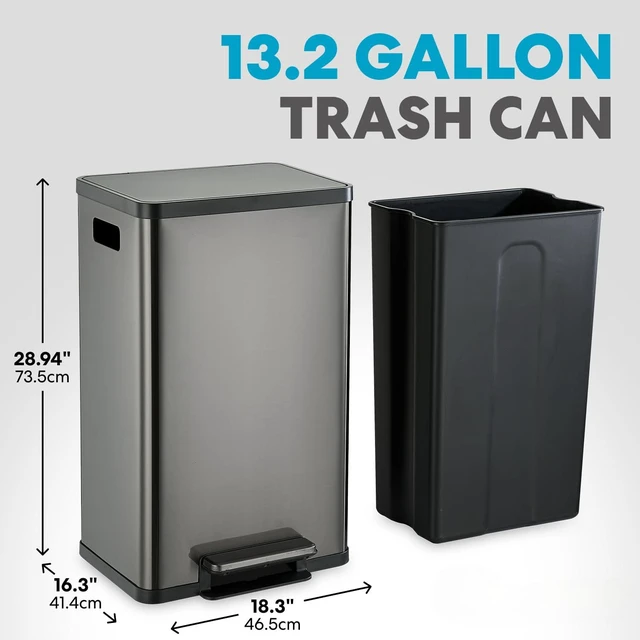 Alt view image 2 of 7 - 13.2 Gallon (50L) Step Trash Can Kitchen Garbage Can with Slow-Close Lid Odor Control, Hands-Free, Easy to Clean, Brushed Stainless Steel
