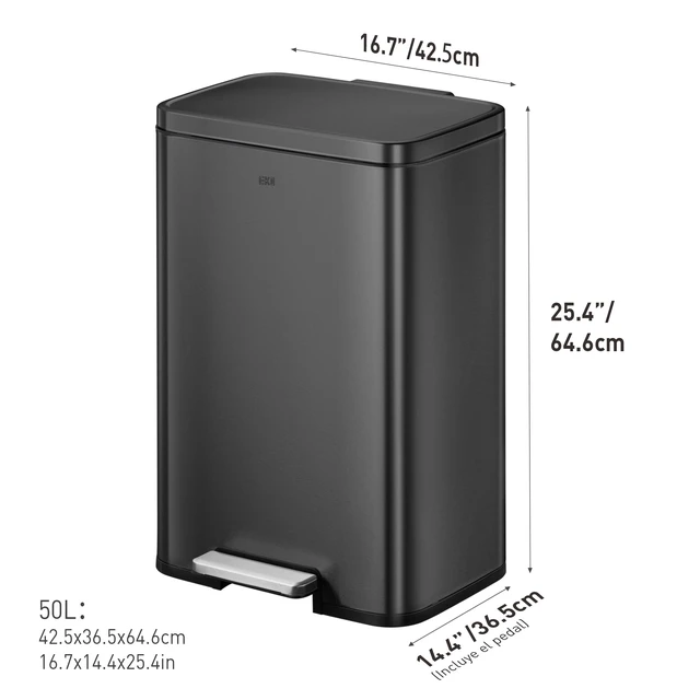 Alt view image 2 of 6 - Madison Matte Black Stainless Steel 13.2 Gal/50L Kitchen Step Trash Can or Recycling Bin, Removable Inner Liner, Soft Close Lid, Fingerprint Resistant Finish