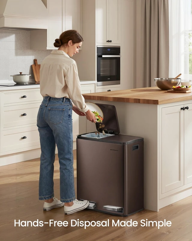 Alt view image 2 of 7 - Trash Can, 2 x 8 Gallon (2 x 30 L) Double Compartment | Garbage Can for Recycling, with 15 Liner Bags, Soft-Close Lids, Removable Buckets, Stainless Steel, Brown ULTB160MZ01
