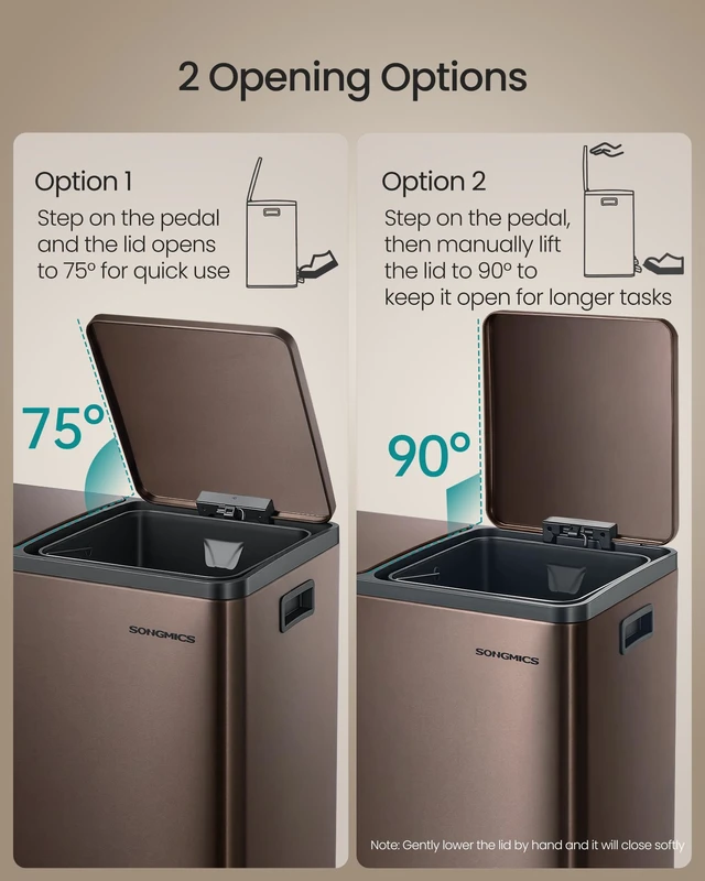 Alt view image 4 of 7 - Trash Can, 2 x 8 Gallon (2 x 30 L) Double Compartment | Garbage Can for Recycling, with 15 Liner Bags, Soft-Close Lids, Removable Buckets, Stainless Steel, Brown ULTB160MZ01