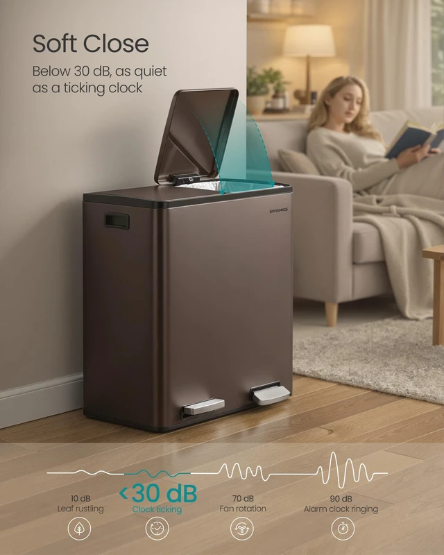 Alt view image 5 of 7 - Trash Can, 2 x 8 Gallon (2 x 30 L) Double Compartment | Garbage Can for Recycling, with 15 Liner Bags, Soft-Close Lids, Removable Buckets, Stainless Steel, Brown ULTB160MZ01