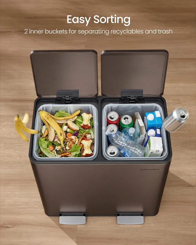 Alt view image 6 of 7 - Trash Can, 2 x 8 Gallon (2 x 30 L) Double Compartment | Garbage Can for Recycling, with 15 Liner Bags, Soft-Close Lids, Removable Buckets, Stainless Steel, Brown ULTB160MZ01
