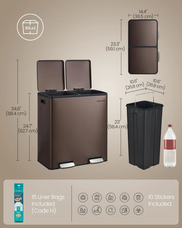 Alt view image 7 of 7 - Trash Can, 2 x 8 Gallon (2 x 30 L) Double Compartment | Garbage Can for Recycling, with 15 Liner Bags, Soft-Close Lids, Removable Buckets, Stainless Steel, Brown ULTB160MZ01